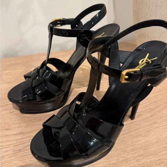 Saint Laurent Black Patent T-Strap Heels with Gold Logo - Picture 13 of 16